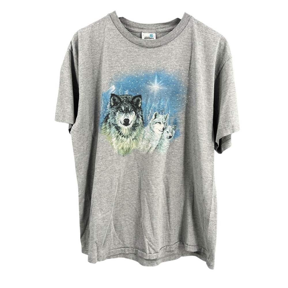 Vintage Natural Wonders Wolf Graphic T Shirt Mens XL Short Sleeve Gray USA Made